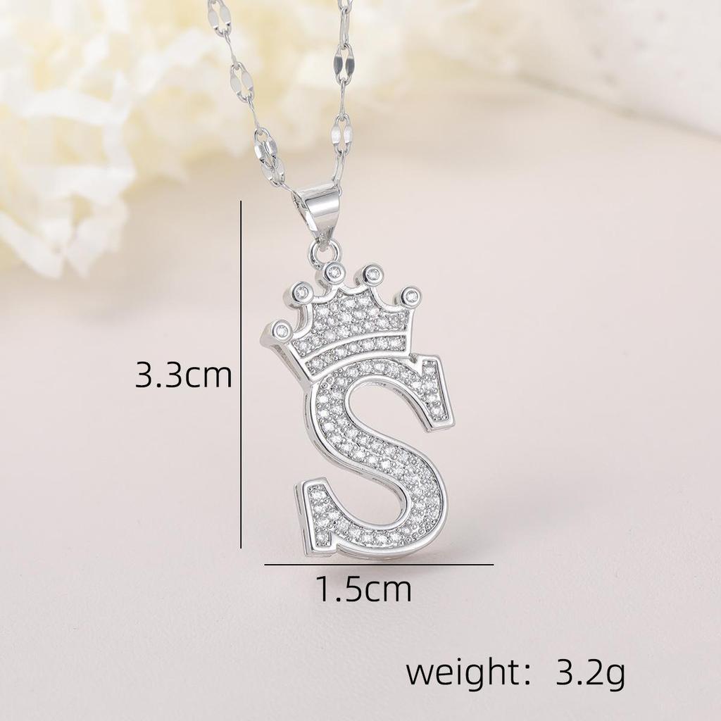 Copper Micro-Inlaid Zircon Crown Letter Pendant Necklace - Hip-Hop Silver Fashion