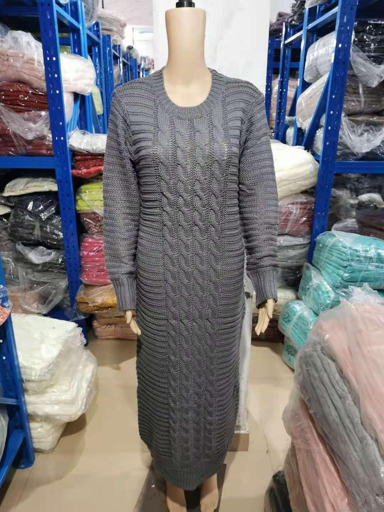 Autumn/Winter Women's Cable Knit Long-Sleeve Wool Dress