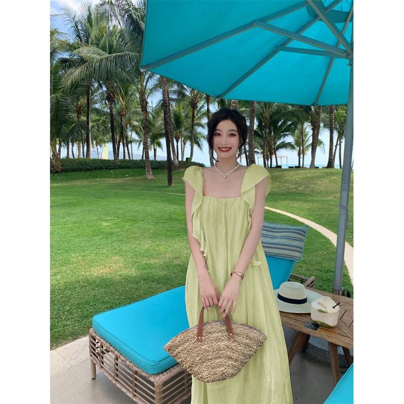 French halter lotus leaf streamer suspender dress women's summer vacation style sexy gentle lazy skirt