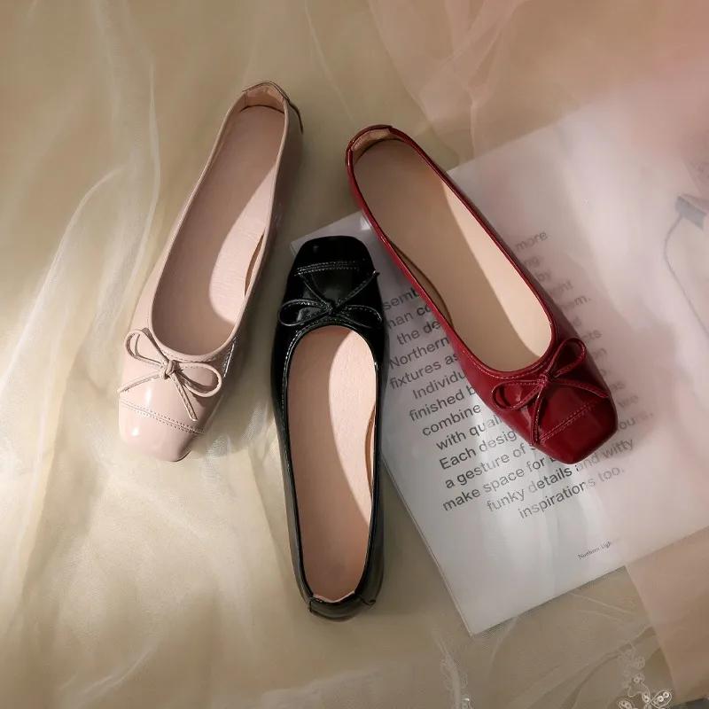 Fashion 2024 Retro Bow Patent Leather Women's Ballet Flats Autumn Slip-On Casual Shoes Round Toe Burgundy Loafers Zapatos De Mujer
