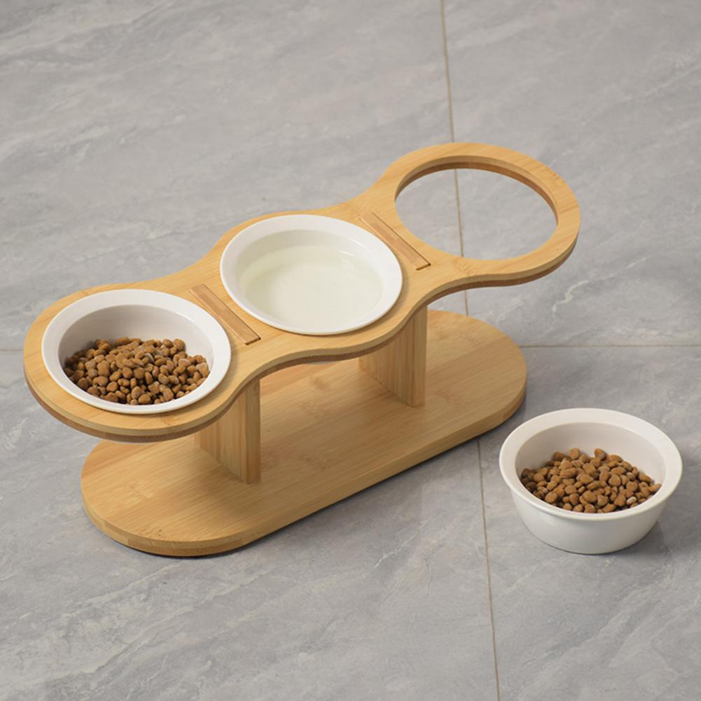 Pet Feeder Bowl Cat Food Bowl with Anti-Knockover Design Elevated Cat Feeder with Wooden Stand Feeding Dish Drinker Pet Supplies