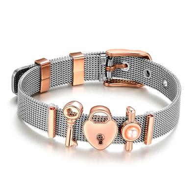 Edelstahl Mesh Armband Damen Verstellbar Rosa Schnalle Schiebeanhänger Armreif (D.)