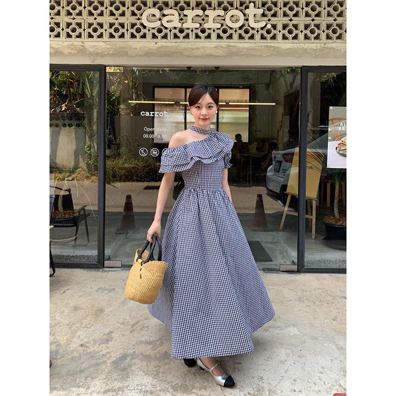 

Chic French-Style Asymmetric Ruffle Plaid Dress Small чорний