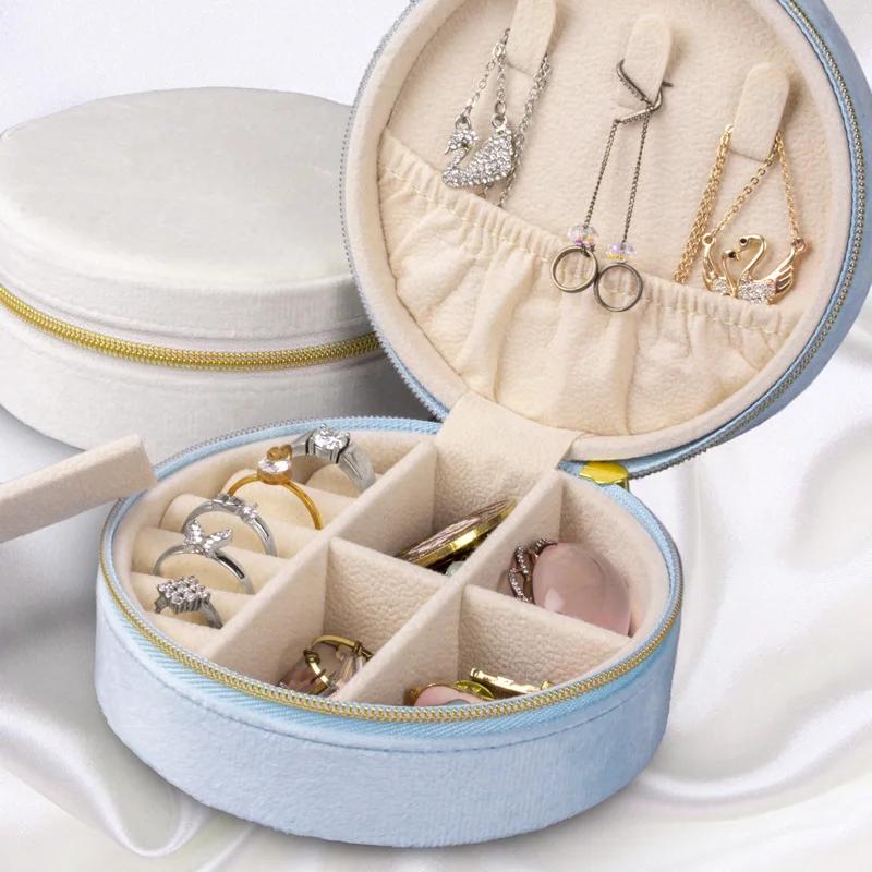 New Round Flannelette Jewelry Storage Box Portable Travel Jewelry Box Ring Earrings Bracelet Necklace Multi-functional Organizer