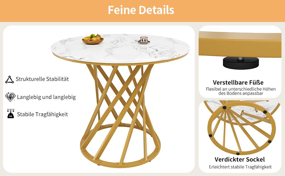 Dining table set (5-piece), round kitchen table with 80 cm diameter and golden metal legs, white MDF tabletop, dark grey velvet dining chairs