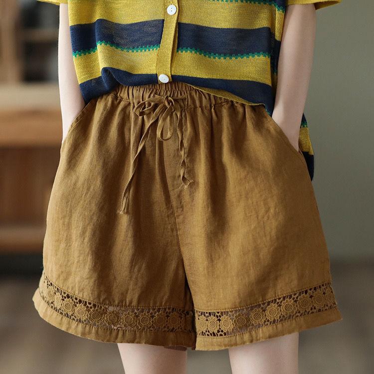 Casual Solid Linen Lace Floral Summer Short Pants Loose Elastic Waist Boho Beach Wear Shorts Women Bottom