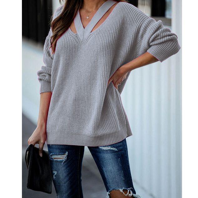 V Neck Casual Women Pulovers Sweaters Boho Holiday Knitwear Sweater Oversize Long Sleeve Solid Jumper Top