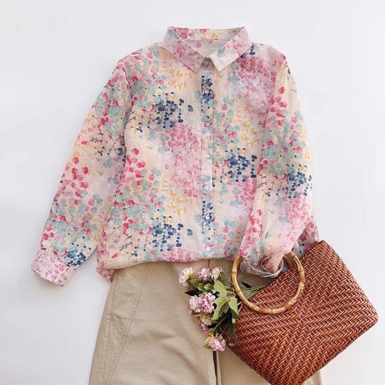 Spring Women Vintage Shirts Floral Printed Long Sleeve Casual Shirts Loose Female Tops Shirt