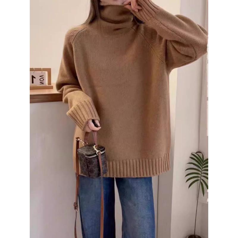 Solid Red Fluffy Knitwear: Women's High Neck Long Sleeve Sweater for Autumn and Winter