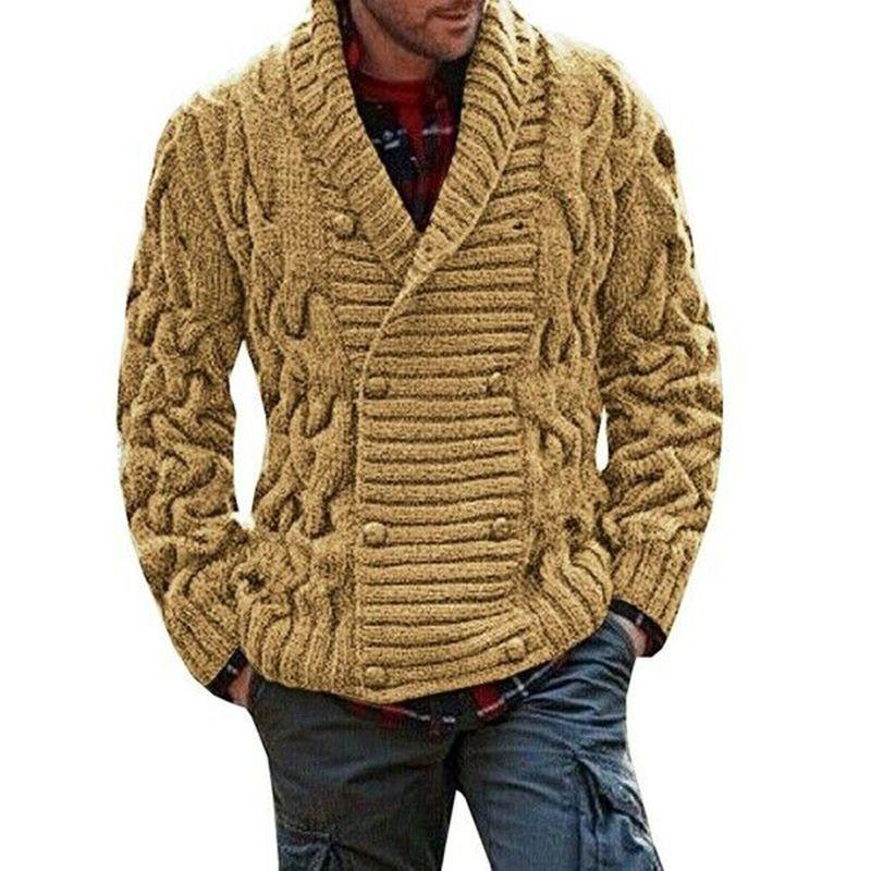 Thick Mens Knitted Shawl Collar Double Breasted Cable Knitwear Cardigan Sweater