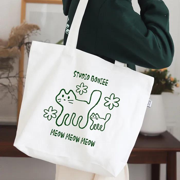 MEOW CAT KITTEN Canvas Shoulder Big Eco Bag White