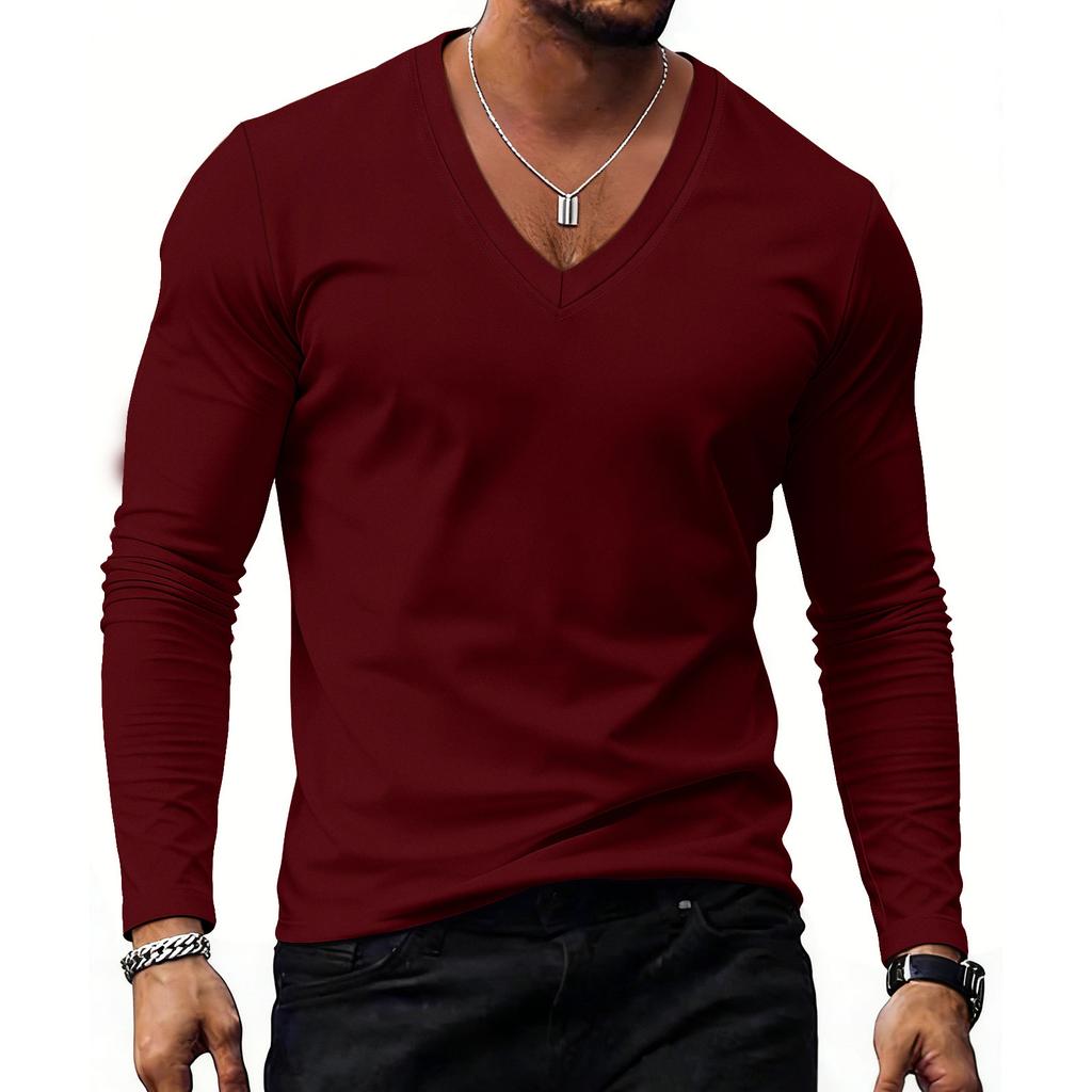 Casual sportief ondershirt voor heren, V-hals top met lange mouwen
