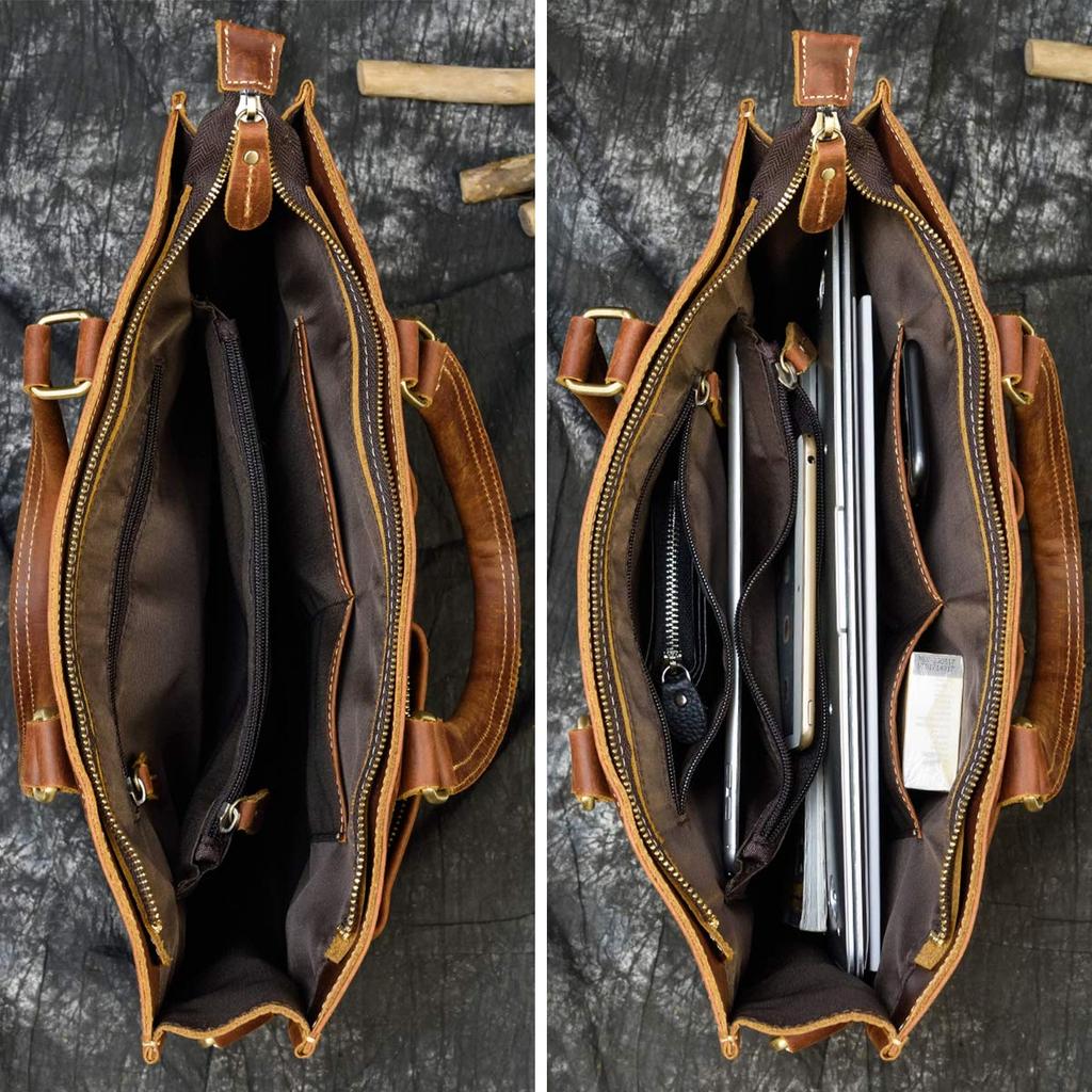 תיק עור אמיתי לעסקים Luufan, תיק טוטה לגברים, עור פרה רטרו, תיק עבודה דו-כיווני, אחסון למחשב נייד 14 אינץ', תיק כתף מעור