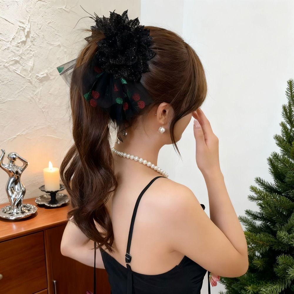 Mesh Peony Flower Hair Clips Crystal Fluffy Shark Clip Elegant Mesh Tassels Hair Claw  Women