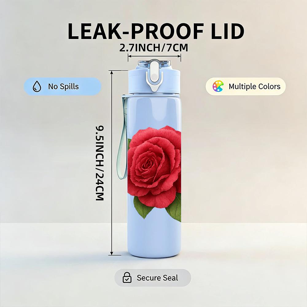 1PC Single Red Rose Bloom 750ml Color Plastic Sports Water Bottle Leakproof Flip Straw Lid For Sports Office Home Use
