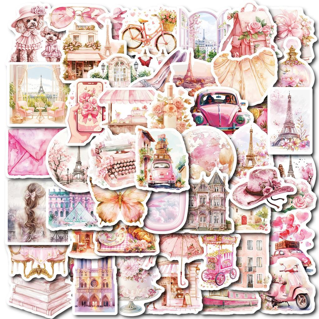 50 No Repeat Pink Retro Paris Items Waterproof Stickers DIY Mobile Case Skateboard Creative Manual Account