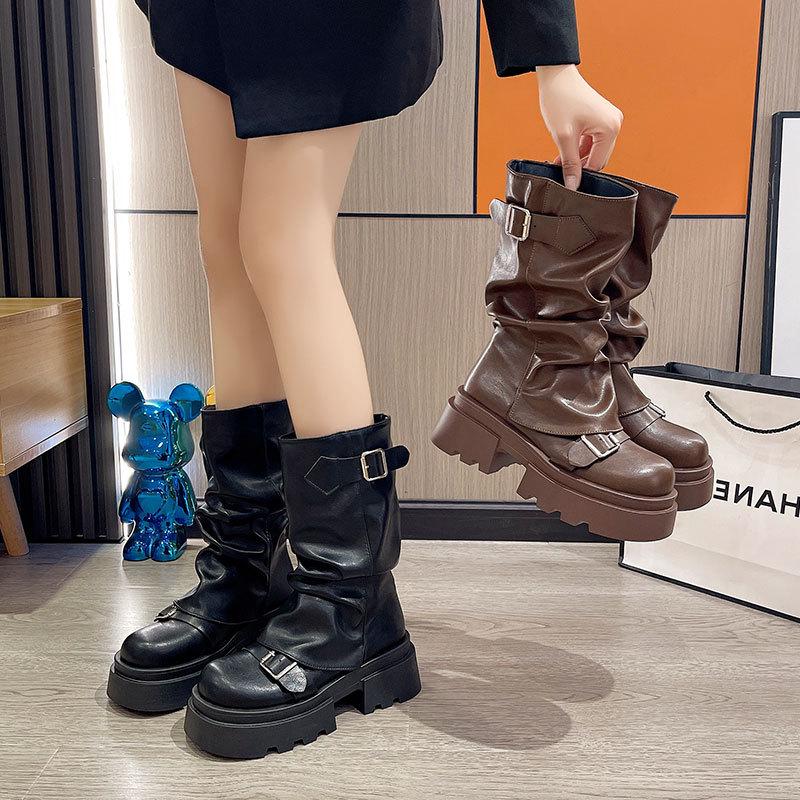 Botas Plataforma de Salto Grosso Estilo Britânico Feminino, Botins Martin Meia-Canela Retrô Outono 2024