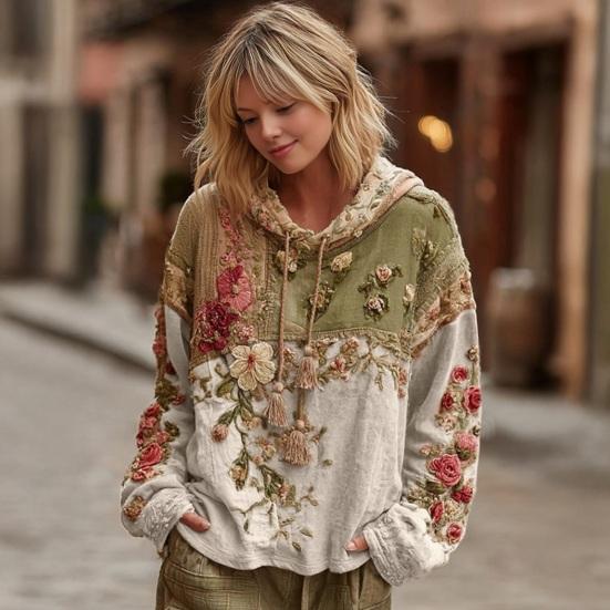Damen Vintage Böhmischer Blumen-Hoodie Lässiges Langarm-Kapuzensweatshirt mit Tasche Übergroßer Blumen-Kunstdruck Pullover Tops