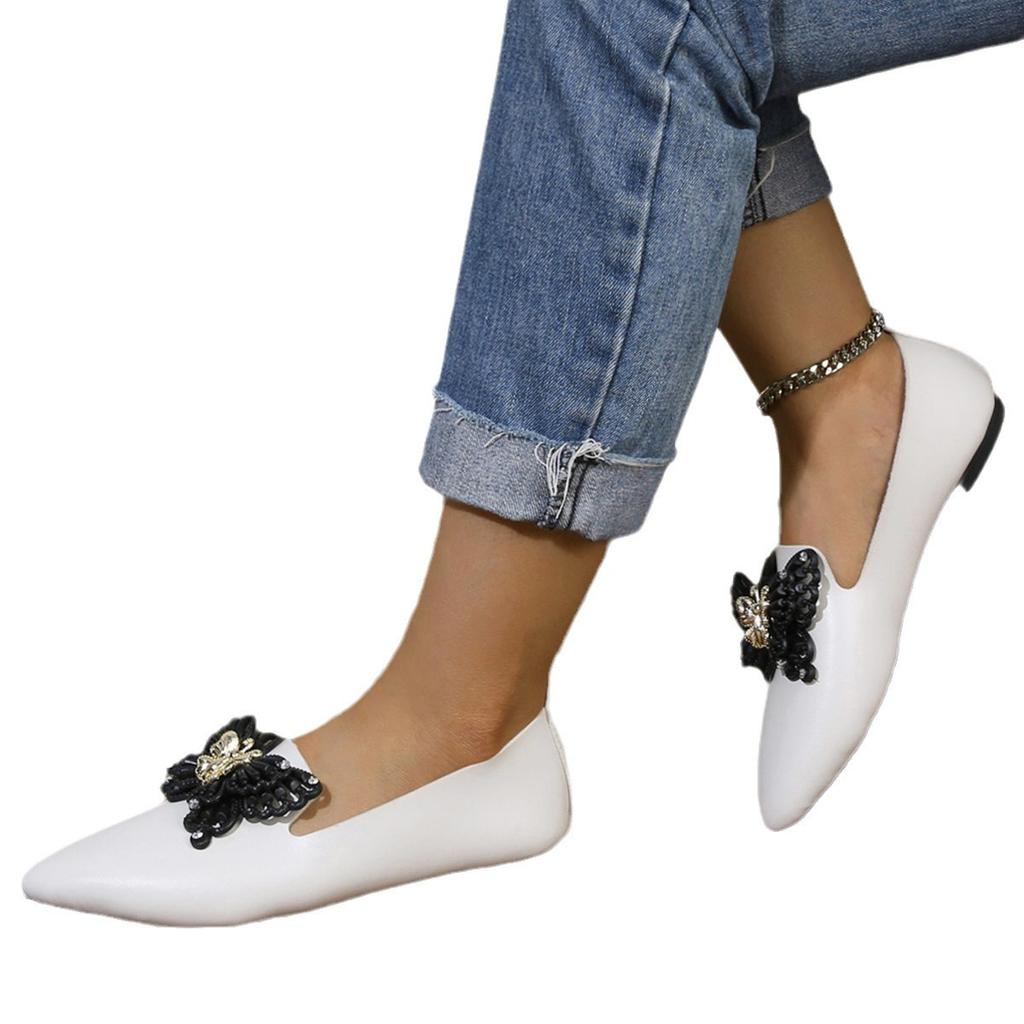 2025 New Pointed Head Butterfly Decoration Shallow Mouth Flat Bottom Versatile Shoes Woman Low Heel Comfortable Leisure Zapatos