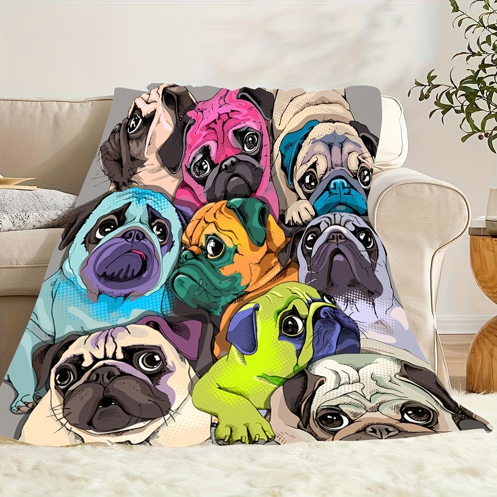 Cute Cartoon Pug Dog Blanket Colorful Pet Illustration Soft Cozy Warm Throw for Bed Sofa Travel Gift