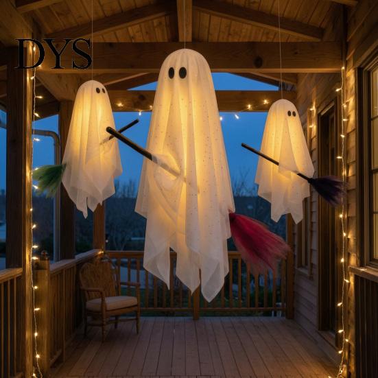 Lighted Halloween Yard Ornaments 3 Pcs Ghost Decorations, Spooky Hanging with Broom, Classroom Props Large Flying White for Tree Porch Patio Decor Fun