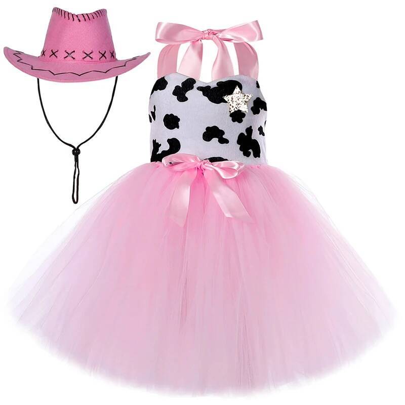 Toy Jessie Woody Costumes for Girls Birthday Halloween Cowgirl Fancy Dress with Hat Kids Pink Cow Tutu Outfit Animal Clothes Set