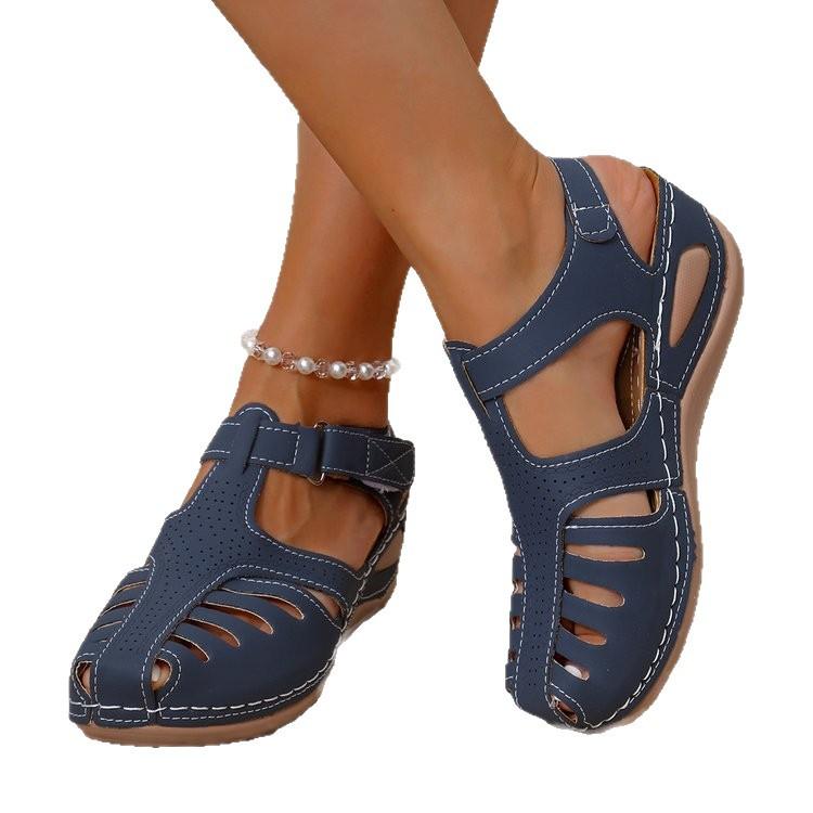 Large size thick sole hollow round head Roman sandals summer new Velcro buckle with rocking line women's shoes