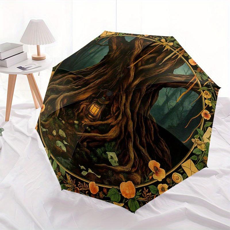 Enchanted Forest Tree with Lantern Wall Art Print Umbrella, Portable 3-Fold Compact Umbrella for Men & Women R138