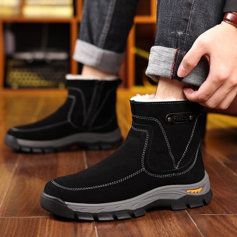 Winter Men's Cotton Shoes Leather Cowhide Snow Boots Velvet Warm Wool Men's Outdoor Men's Boots Light Boots Soft