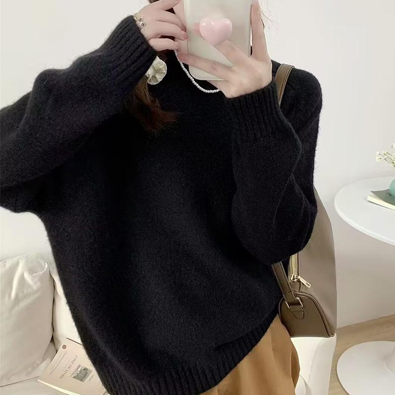 

Трикотажный пуловер с круглым вырезом для женского осенне-зимнего сезона, новый свободный и непринужденный стиль, простой трикотажный свитер большого размера для женщин one size fits all чёрный