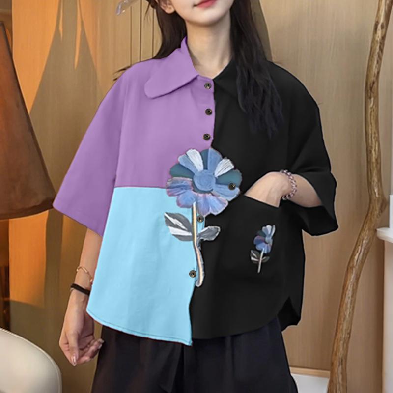 

ZANZEA Женская повседневная блузка с отложным воротником, свободного кроя, с короткими рукавами, пэчворк 3XL синий