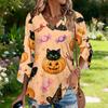 Womens Halloween Print V Neck Three Quarter Sleeve Casual Top Lightweight Loose Fit Pullover Blouse for Autumn and Spring