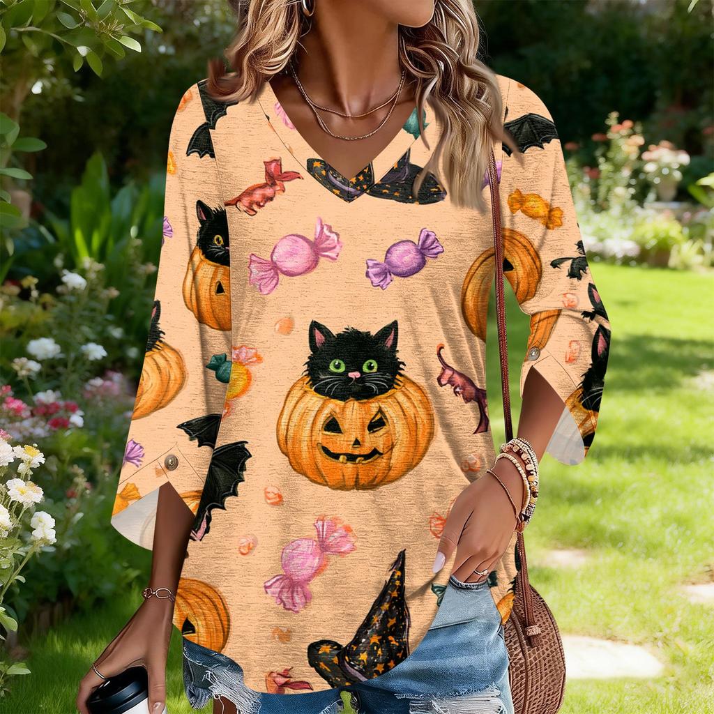 Womens Halloween Print V Neck Three Quarter Sleeve Casual Top Lightweight Loose Fit Pullover Blouse for Autumn and Spring