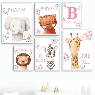 Leão Girafa Zebra Elefante Nome Personalizado Berçário Nordic Poster Arte de Parede Impressão Pintura em Tela Imagens de Meninas Decoração de Quarto de Bebês e Crianças