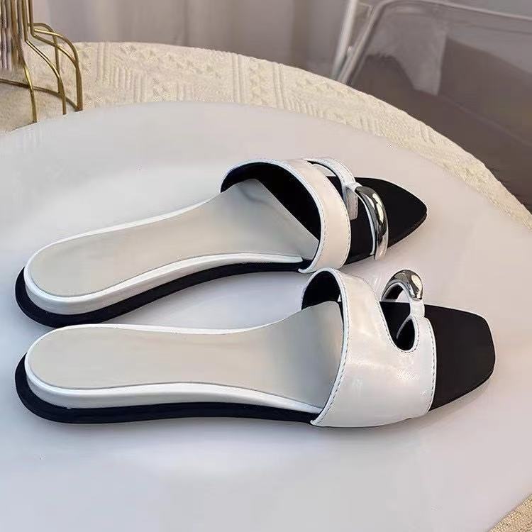 

Нишевые суб-носочные шлепанцы из коровьей кожи с квадратным носком на плоской подошве, женские, новая металлическая сандалия 40 белый