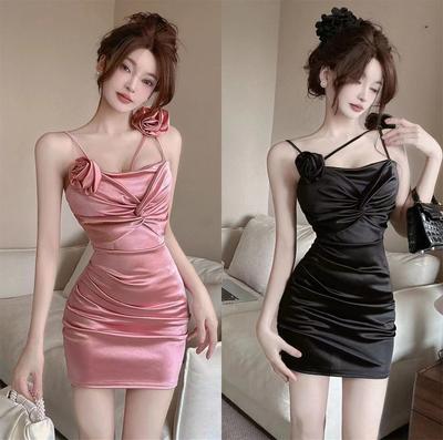 Sexy Flower Splicing Short Satin Suspender Bottom Hip Dress Fashion Temperament Nightclub Spice Girl Dress