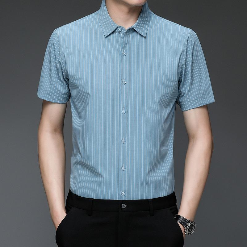 Summer Bamboo Fiber Short-sleeved Shirt Men's Business Casual Vertical Striped Ice Silk Half-sleeved Shirt Men's Clothing