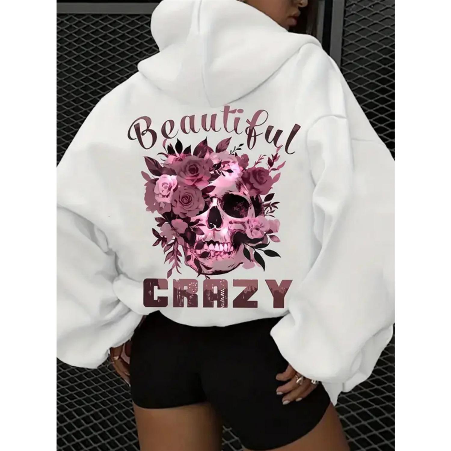 Damen Herbst- und Winter-Freizeit-Hoodie mit Totenkopf- und Blumendruck, Kapuze mit Kordelzug, Rundhalsausschnitt, langärmliger warmer Pullover 6XL white