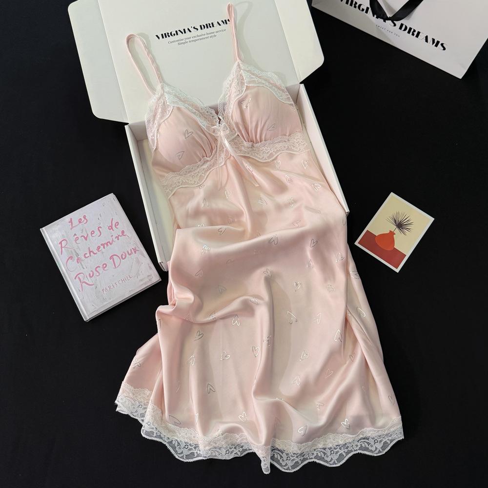 Ice Silk Women's Summer Sexy Suspender Nightdress Love Ironing Silver Butterfly Loose Pajamas Lace Silk Loungewear