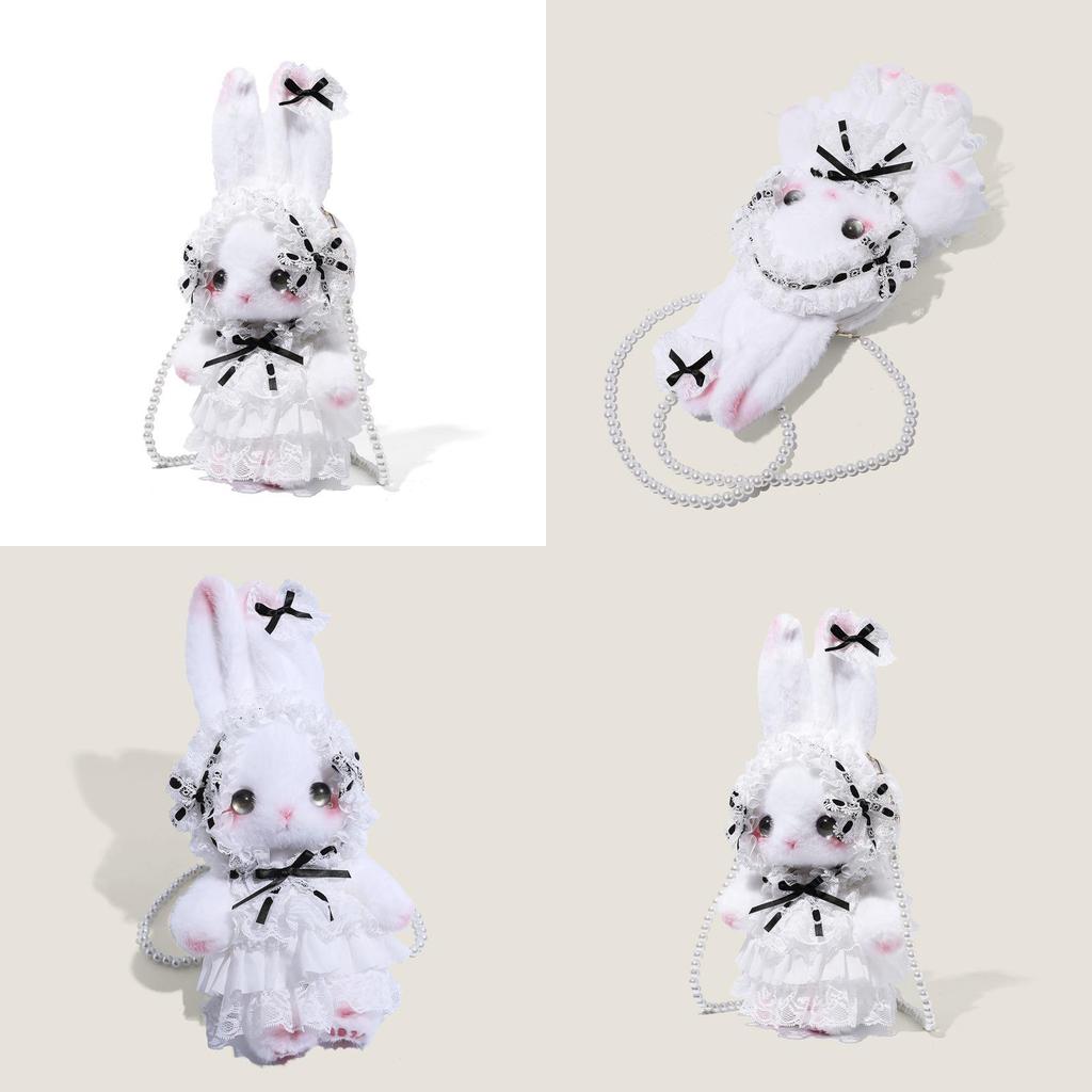 Girl Rabbit Plush Crossbody Bag With Pearl Chain And Lace For Daily Use