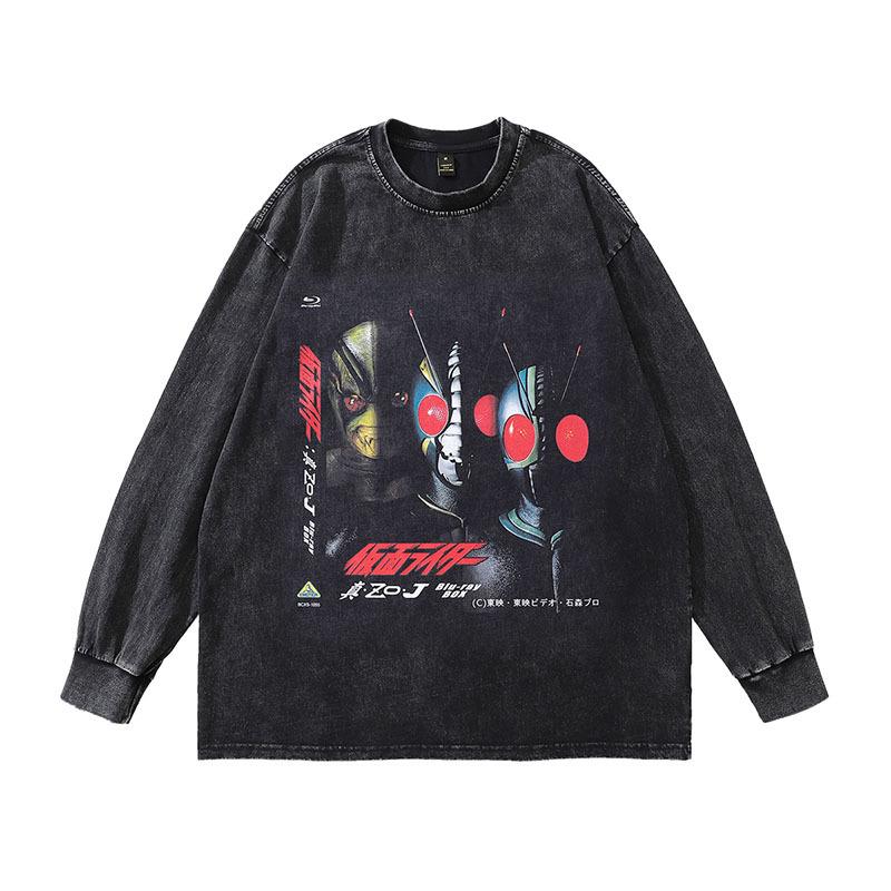 Trendy Brand Harajuku Y2K Cartoon Print Washed Long-Sleeved T-Shirt Men'S Oversize Retro Couple Bottoming Top