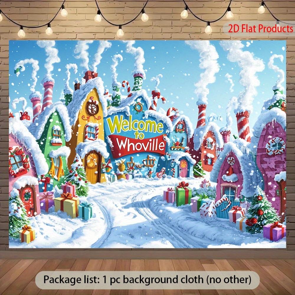 A 2D flat Whoville winter village banner background - a snowy village scene, suitable for festive party decoration 130x150cm