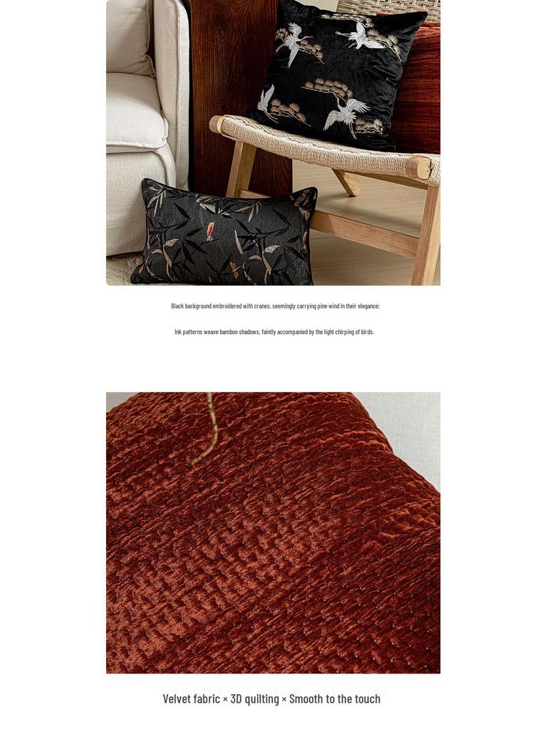 Oriental Pine Crane & Bamboo Embroidered Cushion Set – Chinese Style Sofa Décor