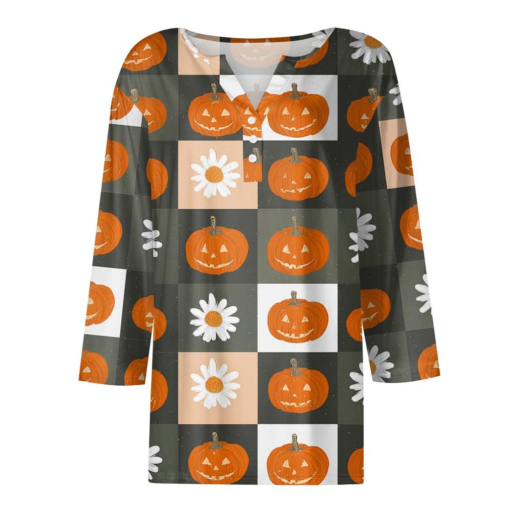 Women's Casual Fashion V-neck Loose Versatile Halloween Print Three-quarter Sleeve Top