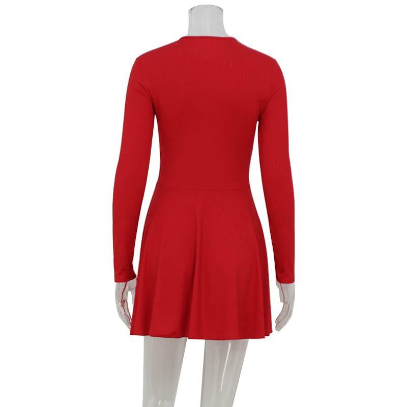 Womens Winter Long Sleeve A-Line Dress With Mesh Overlay Elegant Slim Fit Round Neck Short