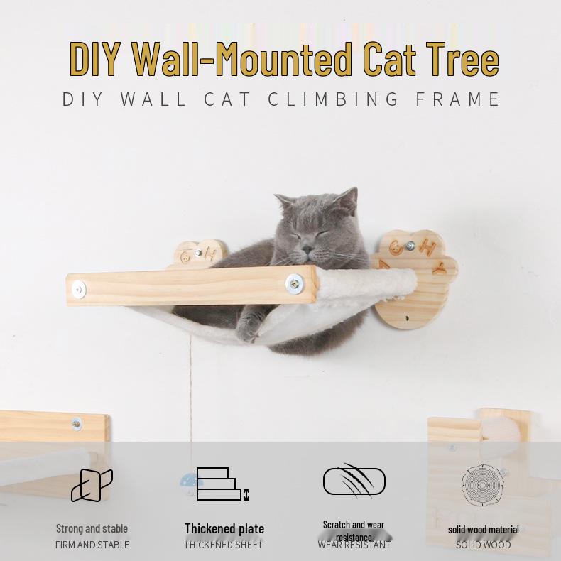 Wall-Mounted Wooden Cat Tree with Hammock and Scratching Post Claw Solid Wood Cat Hammock