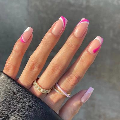 24Pcs/Set Quick Nails Pink And White Stitching False Nials Sticker Wearable Waterproof Manicure Finished Nails