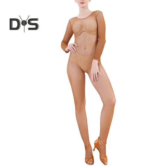 Damen Netz-Overall, ausgehöhlt, langärmelig, dünne Strumpfhose, O-Ausschnitt, hochelastischer Netz-Bodystocking, Tanz-Overall, Latin, Full