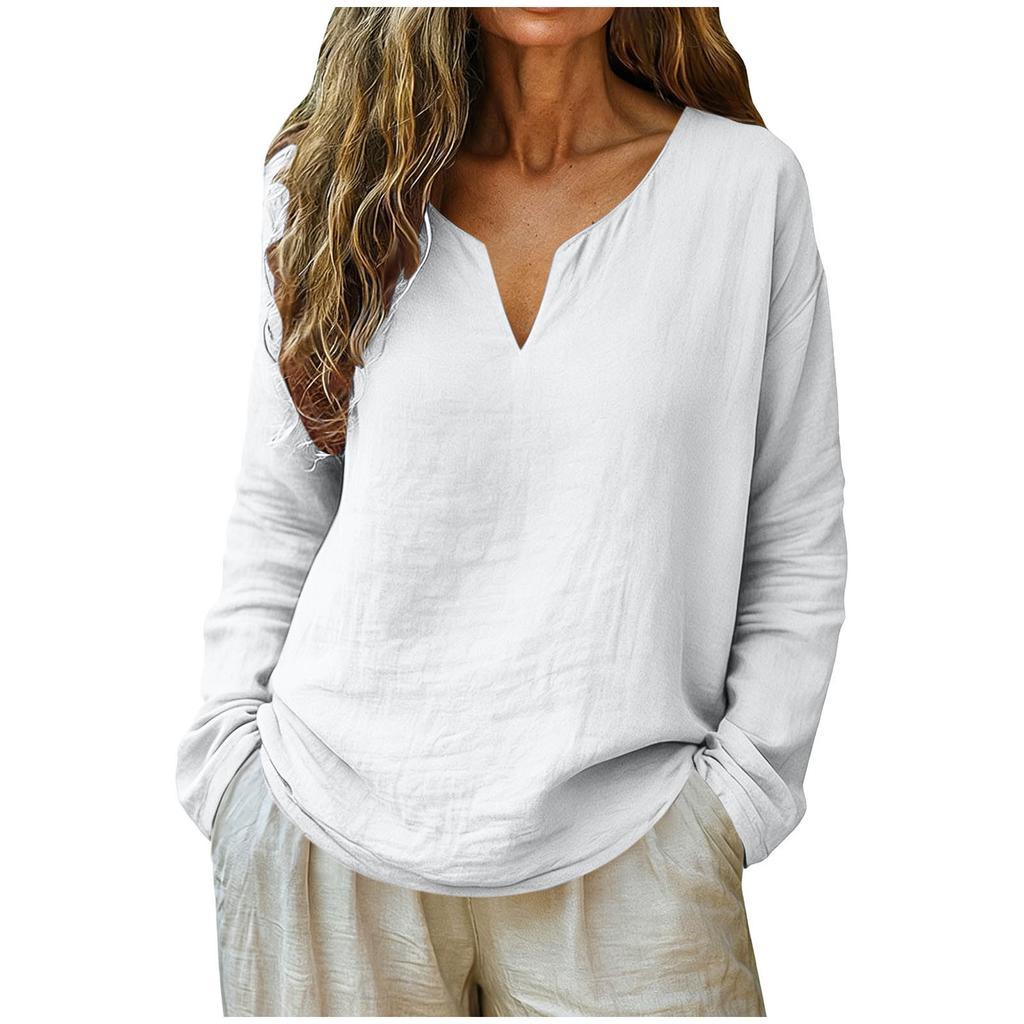 Women's Fashionable Loose-Fit -Color Cotton-Linen V-Neck Long-Sleeve Shirt