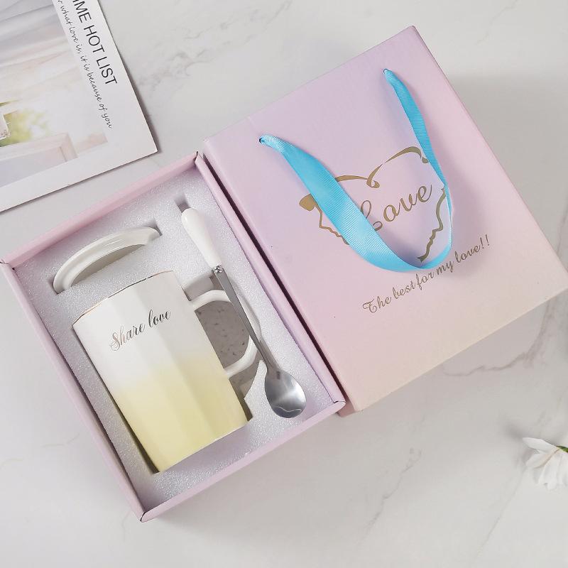 Verlaufende Farbe Leichter Luxus Luftbecher mit Deckel Löffel Keramiktasse für Heimgebrauch Frauen Paar Wasserbecher Büro Kaffeetasse